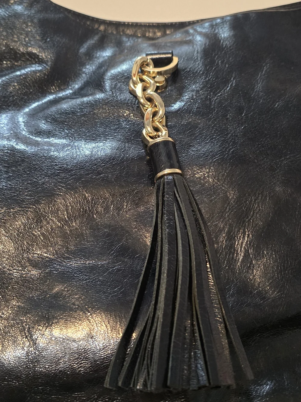 Michael Kors Black Leather Hobo with Gold Chain Tassel(26l